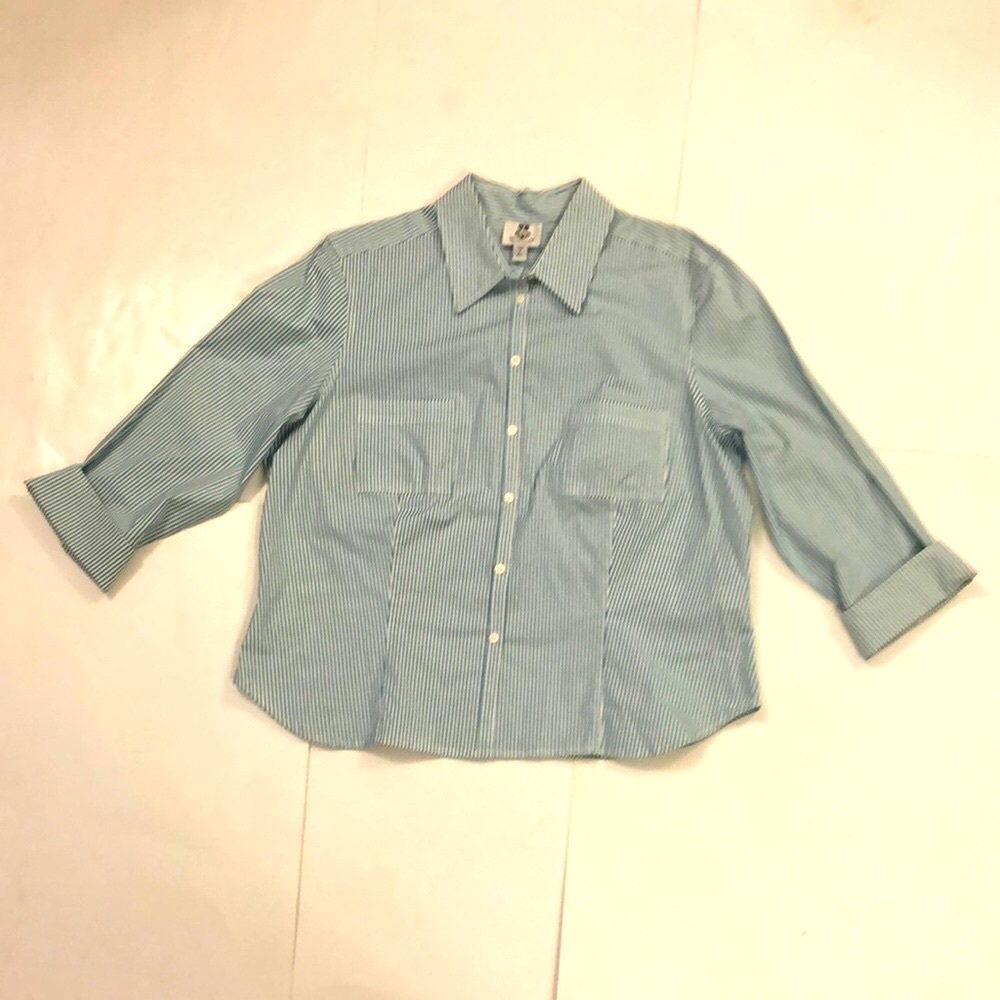 Renfrew XL Teal Blue Striped Button-Up Shirt Pockets 3/4 length sleeve Excellent